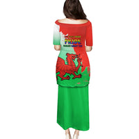 Long red and green dress, back view, Pride print with red dragon graphic