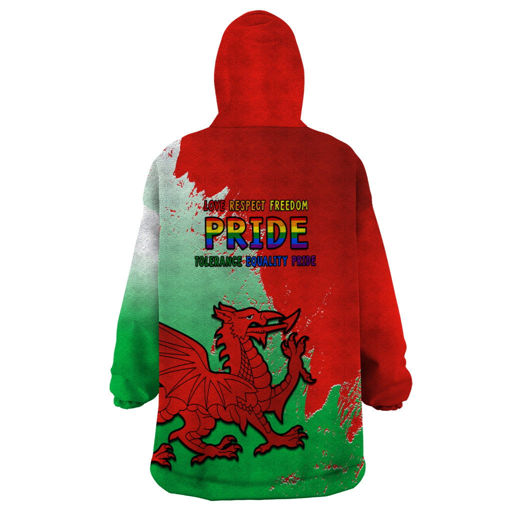 Wearable blanket hoodie with hood, green-red gradient back pride dragon and text