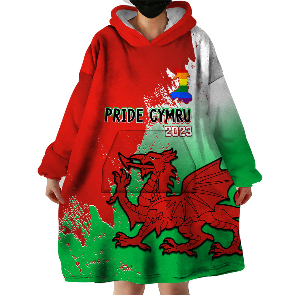 Red, green, and gray front wearable blanket hoodie with hood and pride dragon print