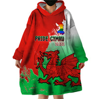 Red, green, and gray front wearable blanket hoodie with hood and pride dragon print