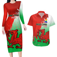 Custom Pride Cymru Couples Matching Long Sleeve Bodycon Dress and Hawaiian Shirt 2023 Wales LGBT With Welsh Red Dragon - Wonder Print Shop