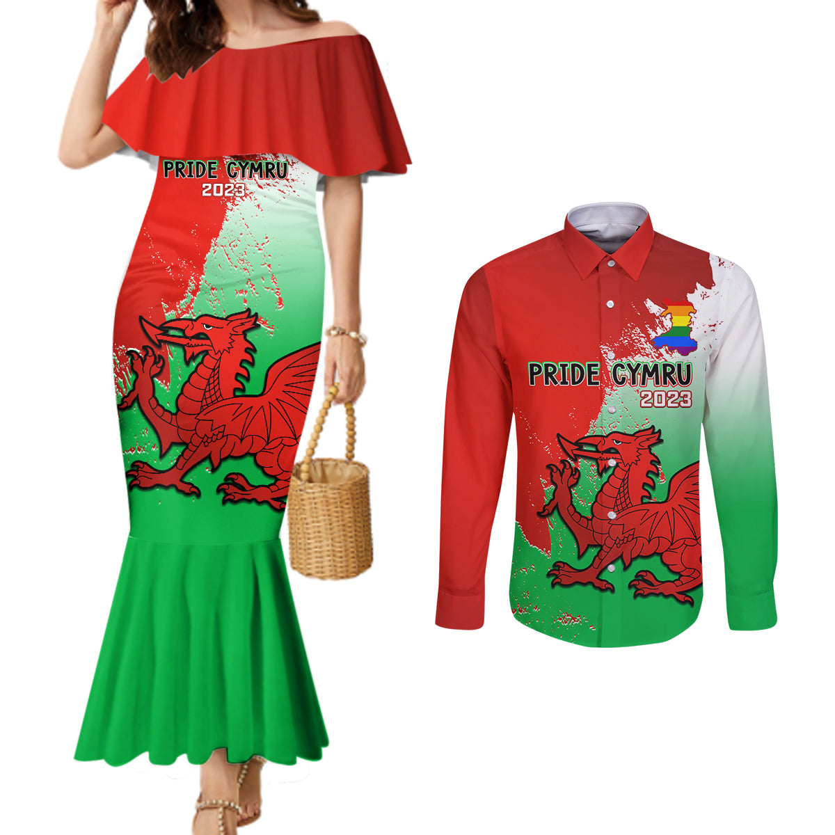 custom-pride-cymru-couples-matching-mermaid-dress-and-long-sleeve-button-shirts-2023-wales-lgbt-with-welsh-red-dragon