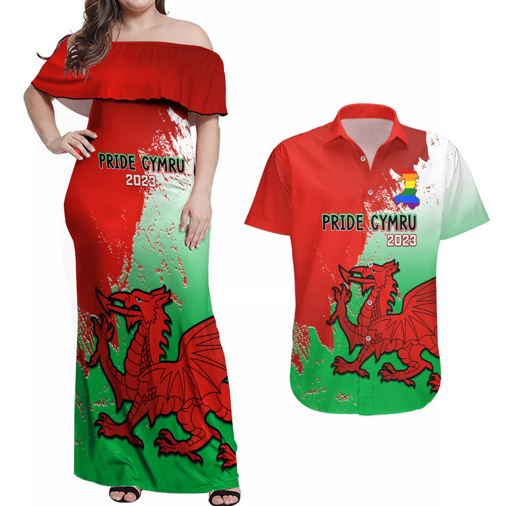 Custom Pride Cymru Couples Matching Off Shoulder Maxi Dress and Hawaiian Shirt 2023 Wales LGBT With Welsh Red Dragon - Wonder Print Shop