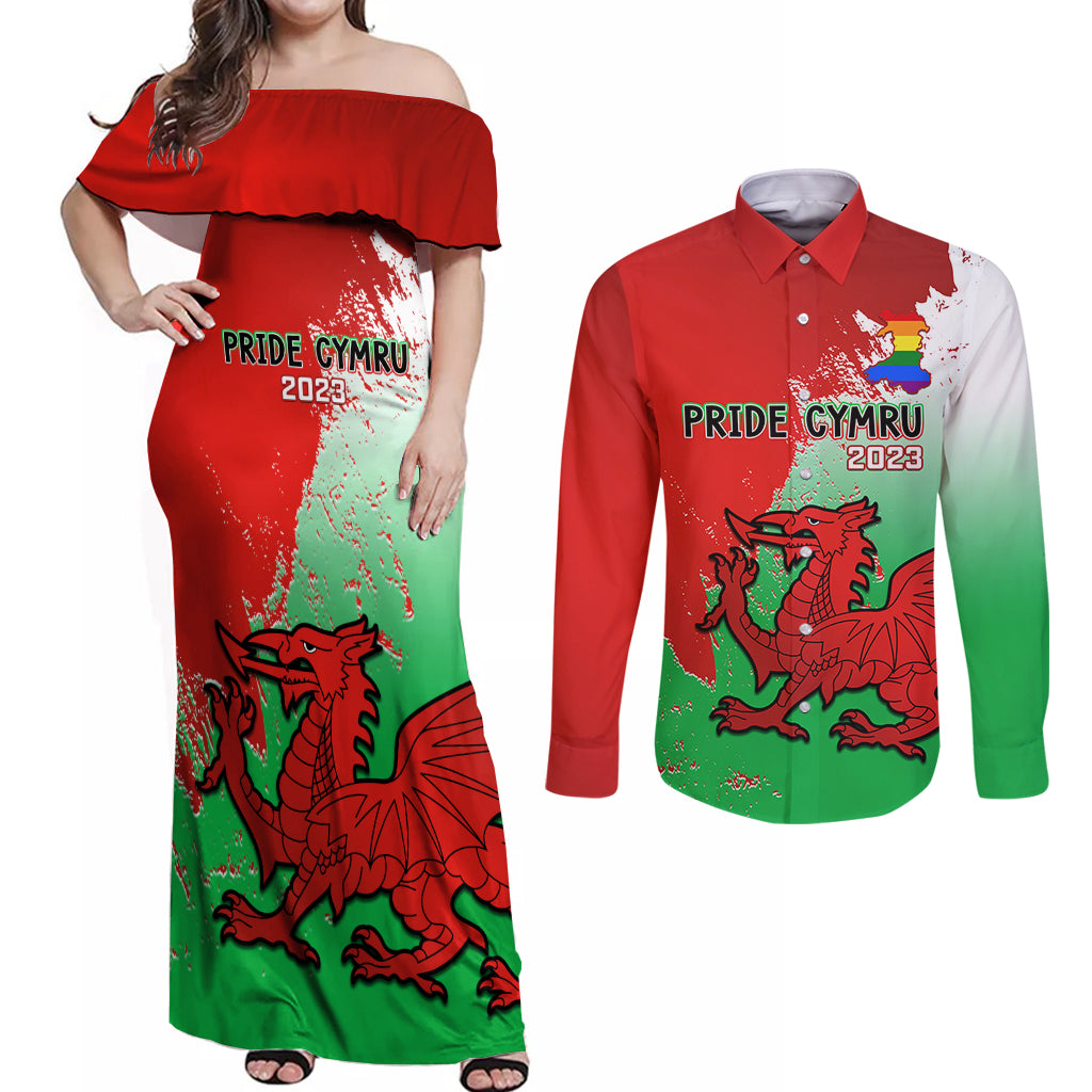custom-pride-cymru-couples-matching-off-shoulder-maxi-dress-and-long-sleeve-button-shirts-2023-wales-lgbt-with-welsh-red-dragon