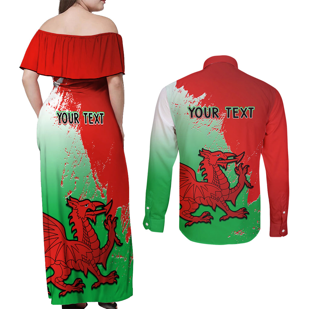 Custom Pride Cymru Couples Matching Off Shoulder Maxi Dress and Long Sleeve Button Shirts 2023 Wales LGBT With Welsh Red Dragon - Wonder Print Shop