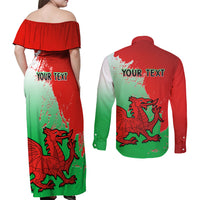 Custom Pride Cymru Couples Matching Off Shoulder Maxi Dress and Long Sleeve Button Shirts 2023 Wales LGBT With Welsh Red Dragon - Wonder Print Shop