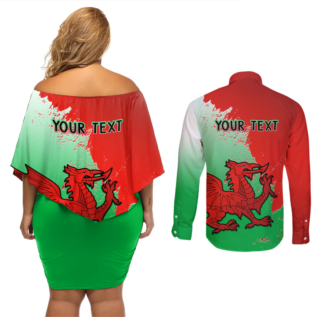 Custom Pride Cymru Couples Matching Off Shoulder Short Dress and Long Sleeve Button Shirts 2023 Wales LGBT With Welsh Red Dragon - Wonder Print Shop