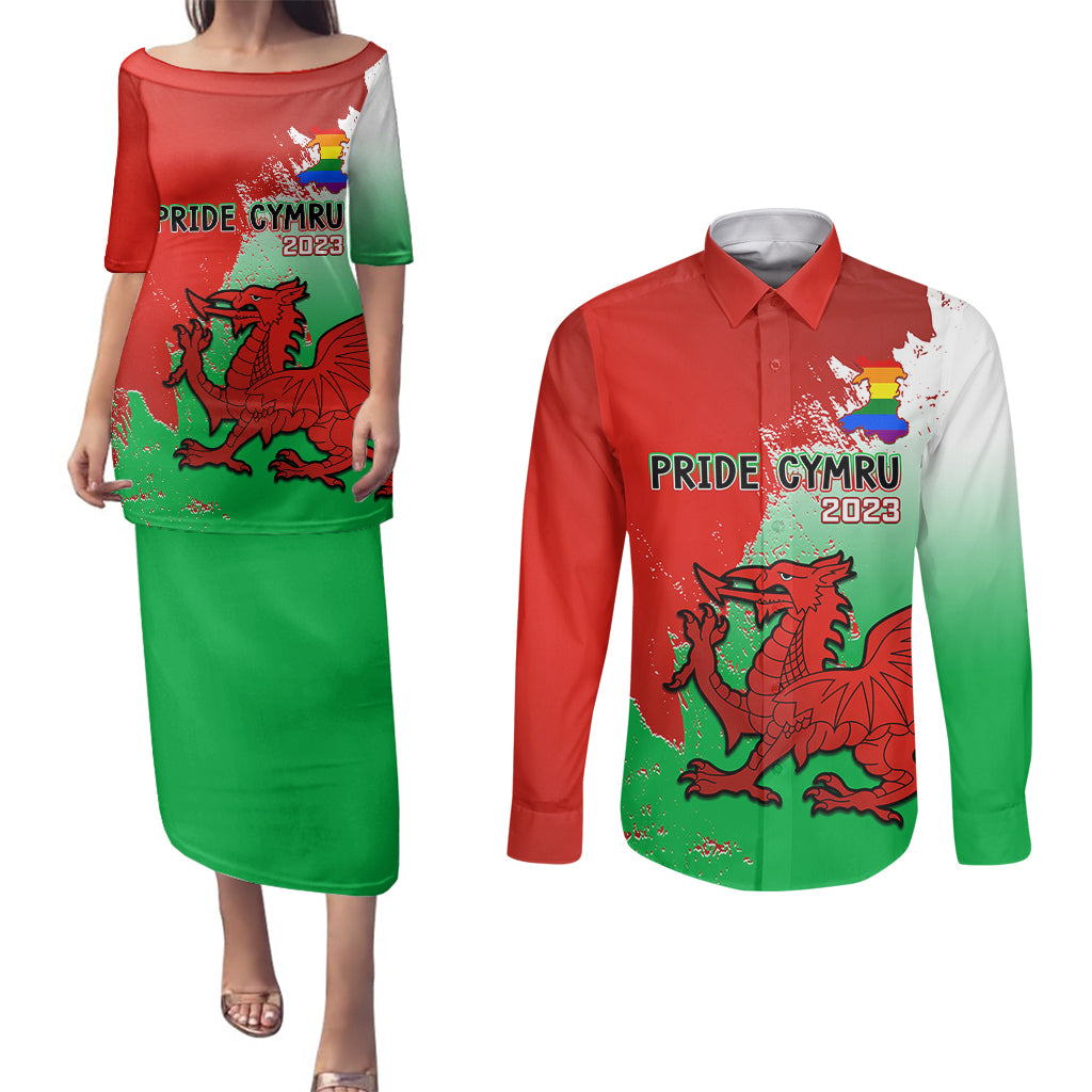 Custom Pride Cymru Couples Matching Puletasi Dress and Long Sleeve Button Shirts 2023 Wales LGBT With Welsh Red Dragon - Wonder Print Shop