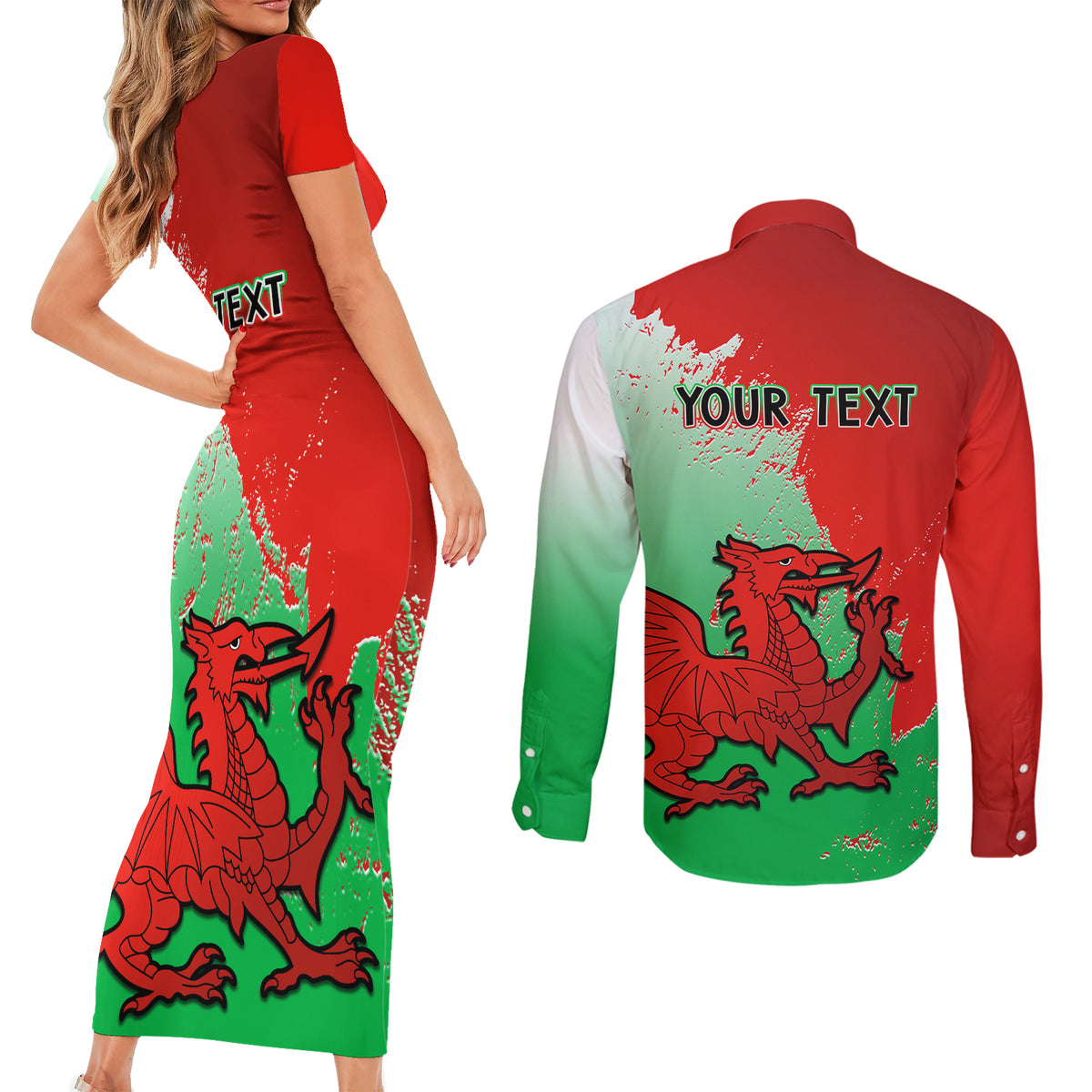 Custom Pride Cymru Couples Matching Short Sleeve Bodycon Dress and Long Sleeve Button Shirts 2023 Wales LGBT With Welsh Red Dragon - Wonder Print Shop