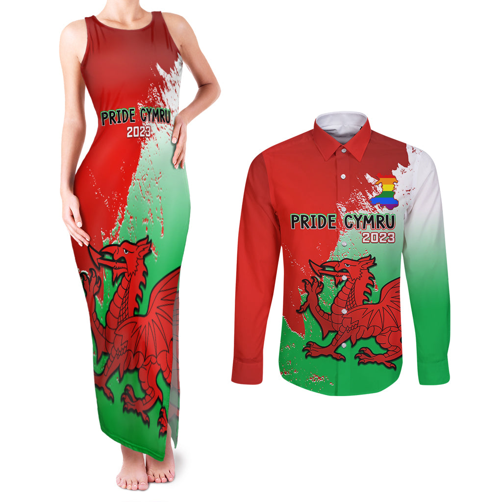 Custom Pride Cymru Couples Matching Tank Maxi Dress and Long Sleeve Button Shirts 2023 Wales LGBT With Welsh Red Dragon - Wonder Print Shop
