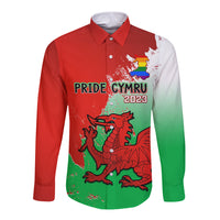 Custom Pride Cymru Long Sleeve Button Shirt 2023 Wales LGBT With Welsh Red Dragon - Wonder Print Shop