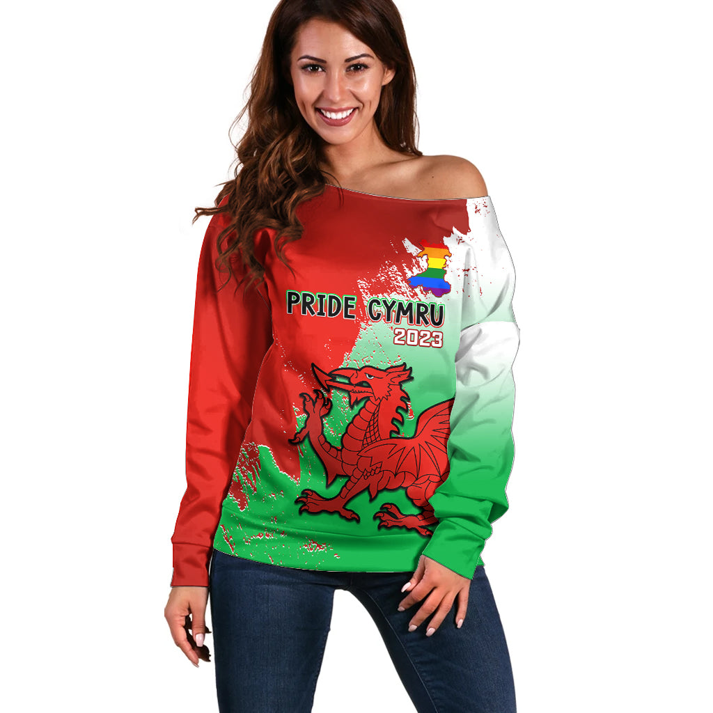 Custom Pride Cymru Off Shoulder Sweater 2023 Wales LGBT With Welsh Red Dragon - Wonder Print Shop