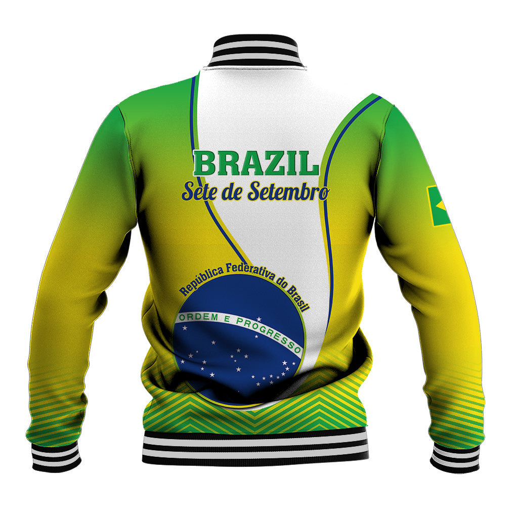 Green/yellow varsity baseball jacket back, zip front, ribbed hem; Brazil Independence Day graphic