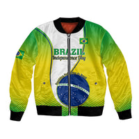Unisex bomber jacket with green and yellow Brazil graphic, front zipper, ribbed cuffs