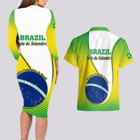 Back view of green Brazil-themed bodycon dress and matching short-sleeve Hawaiian shirt