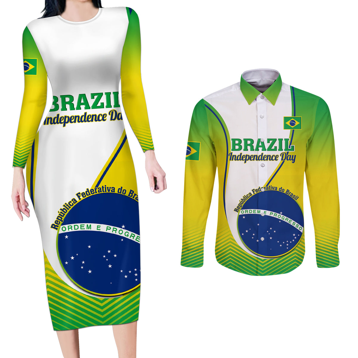 Brazil Couples Matching Long Sleeve Bodycon Dress and Long Sleeve Button Shirts Sete de Setembro Happy Independence Day - Wonder Print Shop