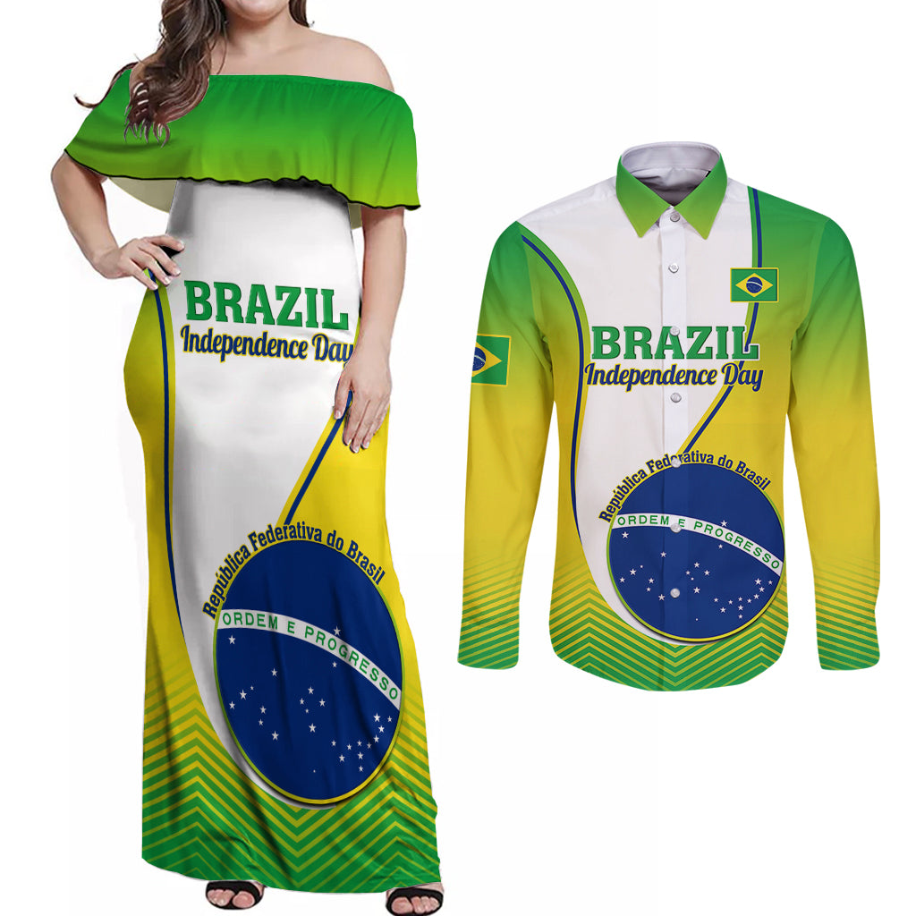 Brazil Couples Matching Off Shoulder Maxi Dress and Long Sleeve Button Shirts Sete de Setembro Happy Independence Day - Wonder Print Shop
