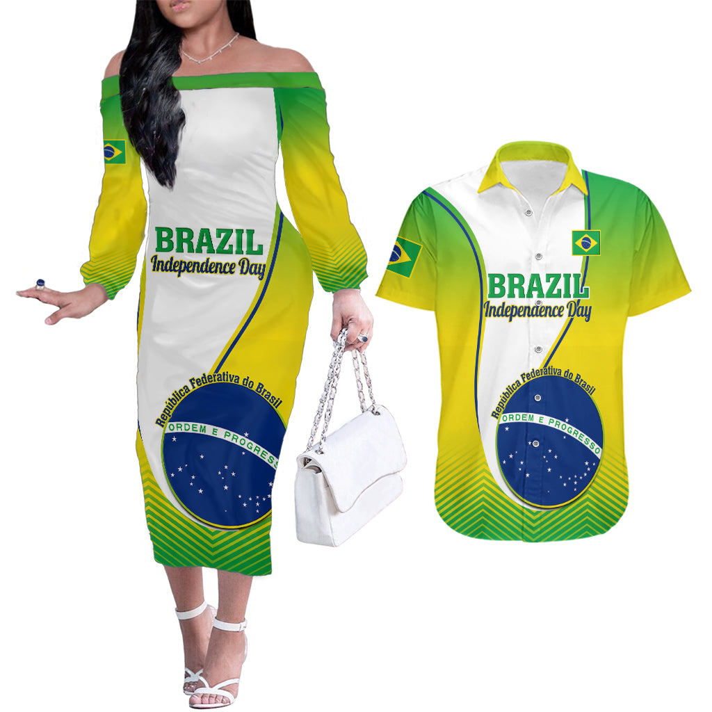 Brazil Couples Matching Off The Shoulder Long Sleeve Dress and Hawaiian Shirt Sete de Setembro Happy Independence Day - Wonder Print Shop