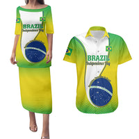 Matching couples dress and button-up shirt set with green/yellow Brazil graphic