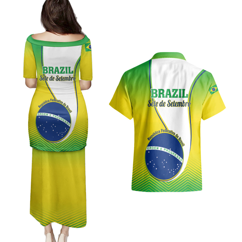 Couples matching dress and button-up shirt set, back view with green/yellow Brazil graphic