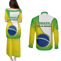Back view couples set: gradient green-yellow puletasi dress and long-sleeve shirt with Brazil print