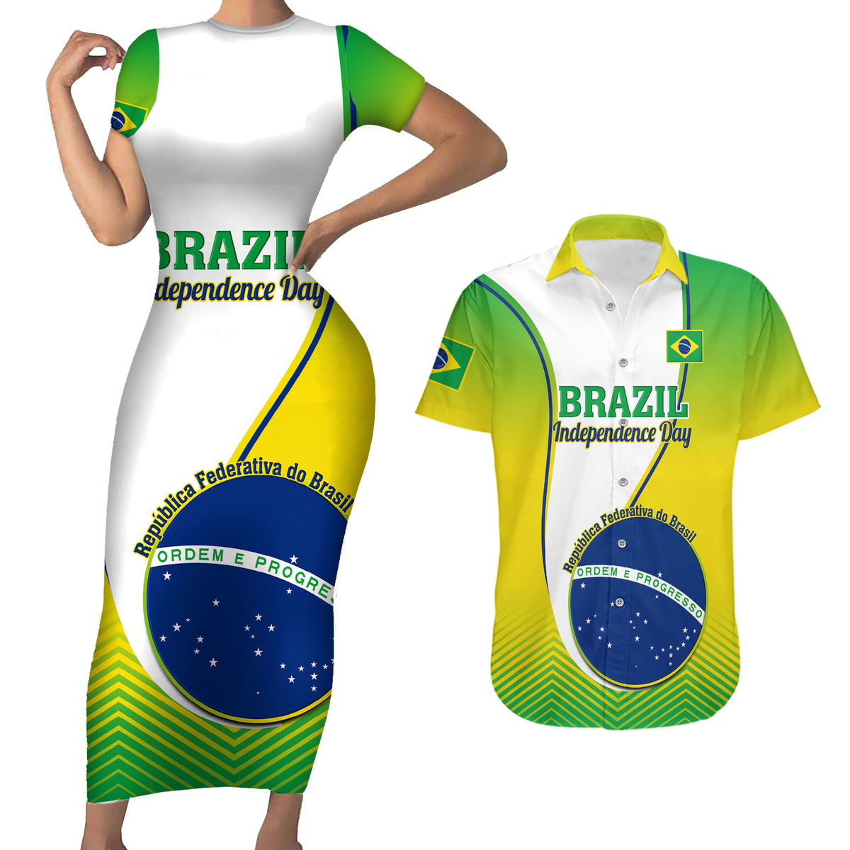 Brazil Couples Matching Short Sleeve Bodycon Dress and Hawaiian Shirt Sete de Setembro Happy Independence Day - Wonder Print Shop