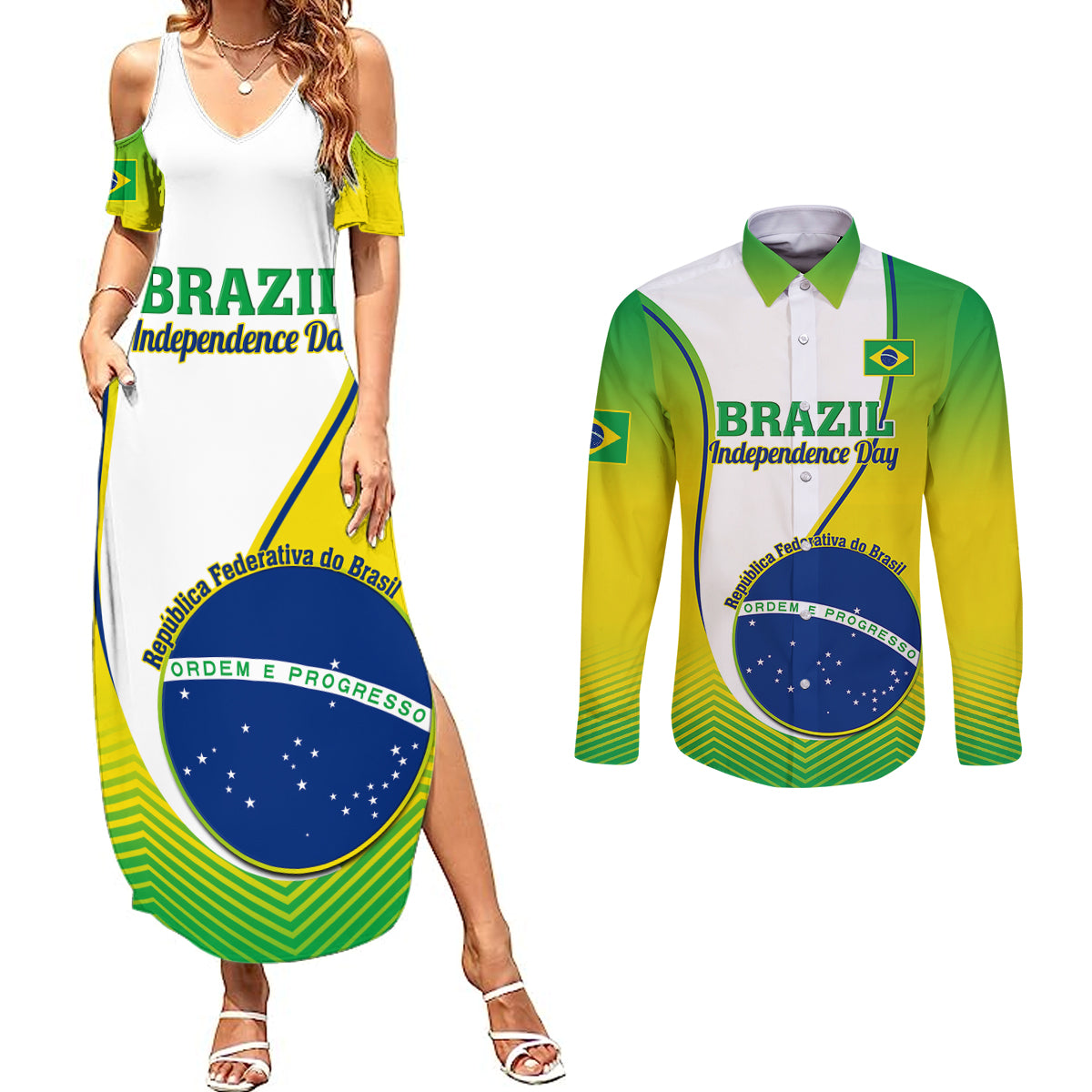 Brazil Couples Matching Summer Maxi Dress and Long Sleeve Button Shirts Sete de Setembro Happy Independence Day - Wonder Print Shop