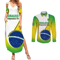 Green graphic maxi dress with white bodice, off-shoulder cut and Brazil-themed print