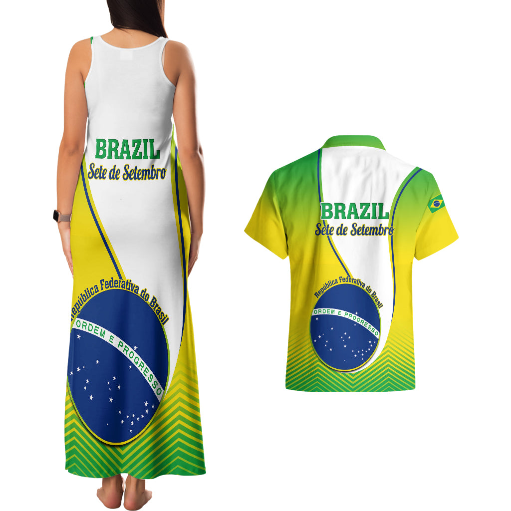 Green/white back tank maxi dress and collared Hawaiian shirt set with Brazil Independence Day graphic
