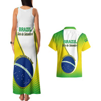 Green/white back tank maxi dress and collared Hawaiian shirt set with Brazil Independence Day graphic