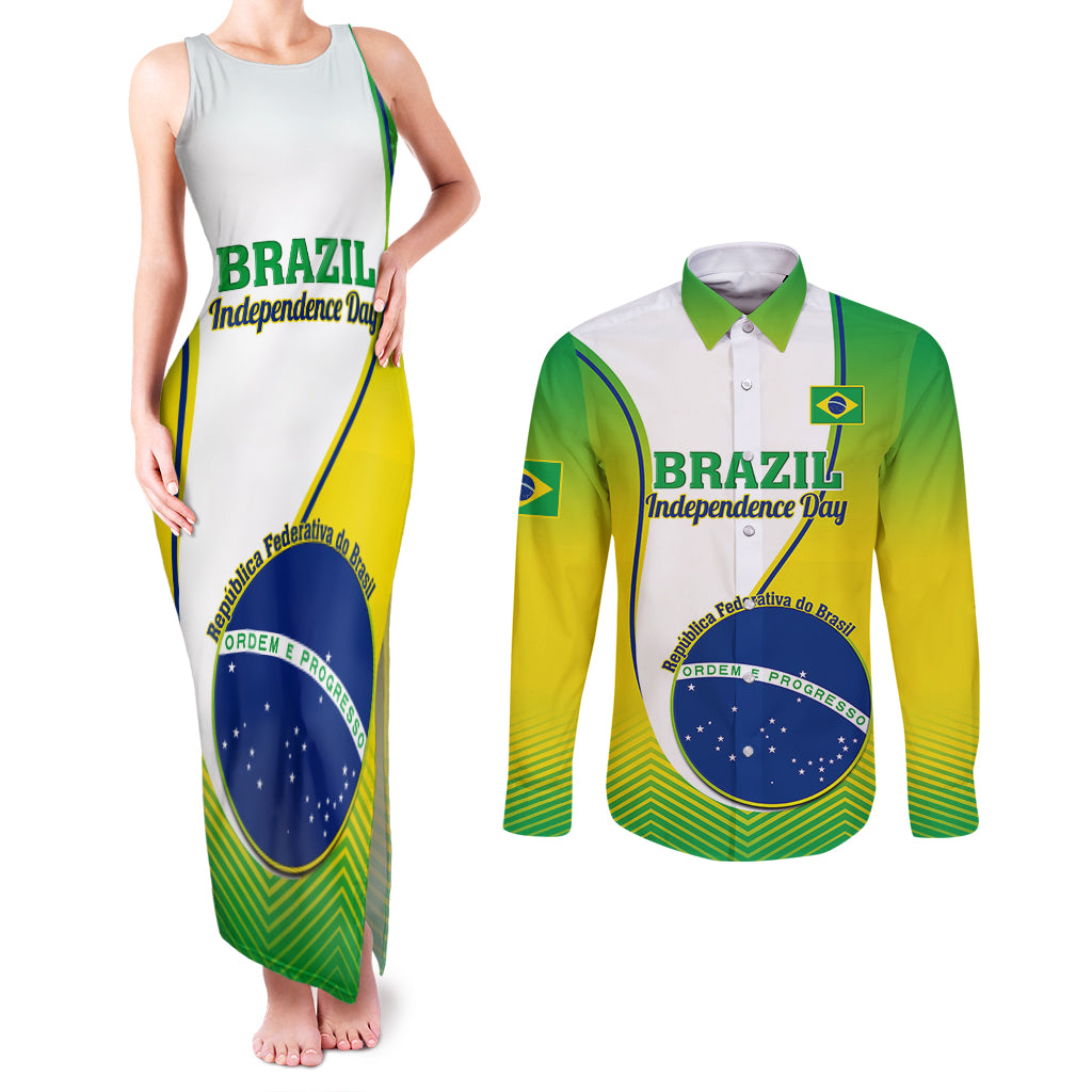 Brazil Couples Matching Tank Maxi Dress and Long Sleeve Button Shirts Sete de Setembro Happy Independence Day - Wonder Print Shop