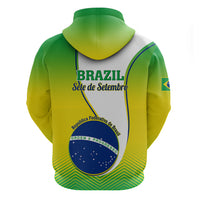 Back view green and yellow hooded sweatshirt with white panel and Brazil independence graphic