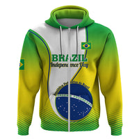 Front view green and yellow hooded sweatshirt with Brazil independence graphic and blue emblem