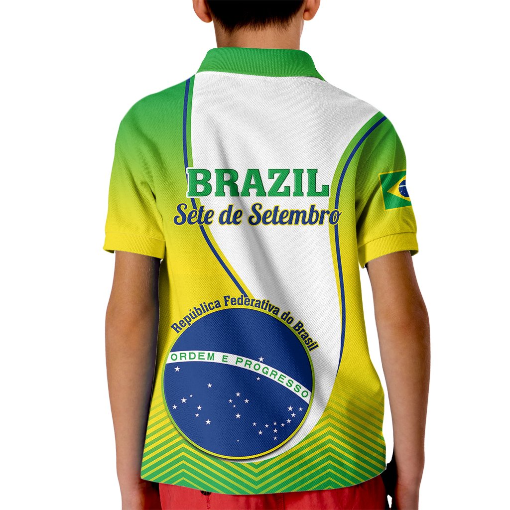 Kids Brazil polo shirt back with Sete de Setembro graphic, green collar