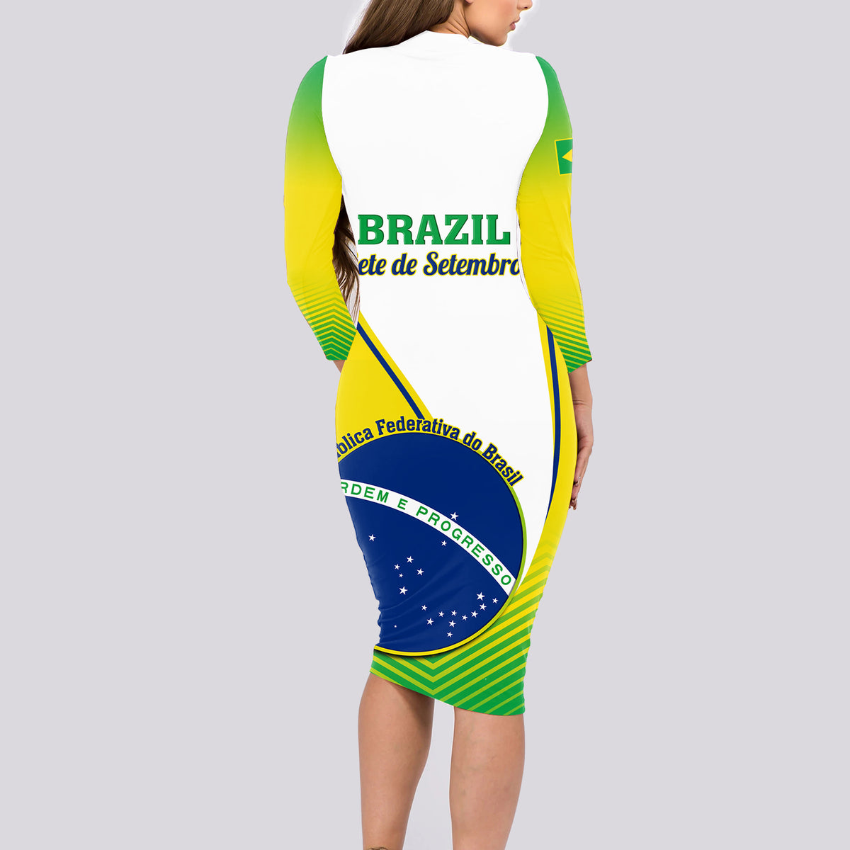 Green long-sleeve bodycon midi dress, Brazil crest and text graphic on back