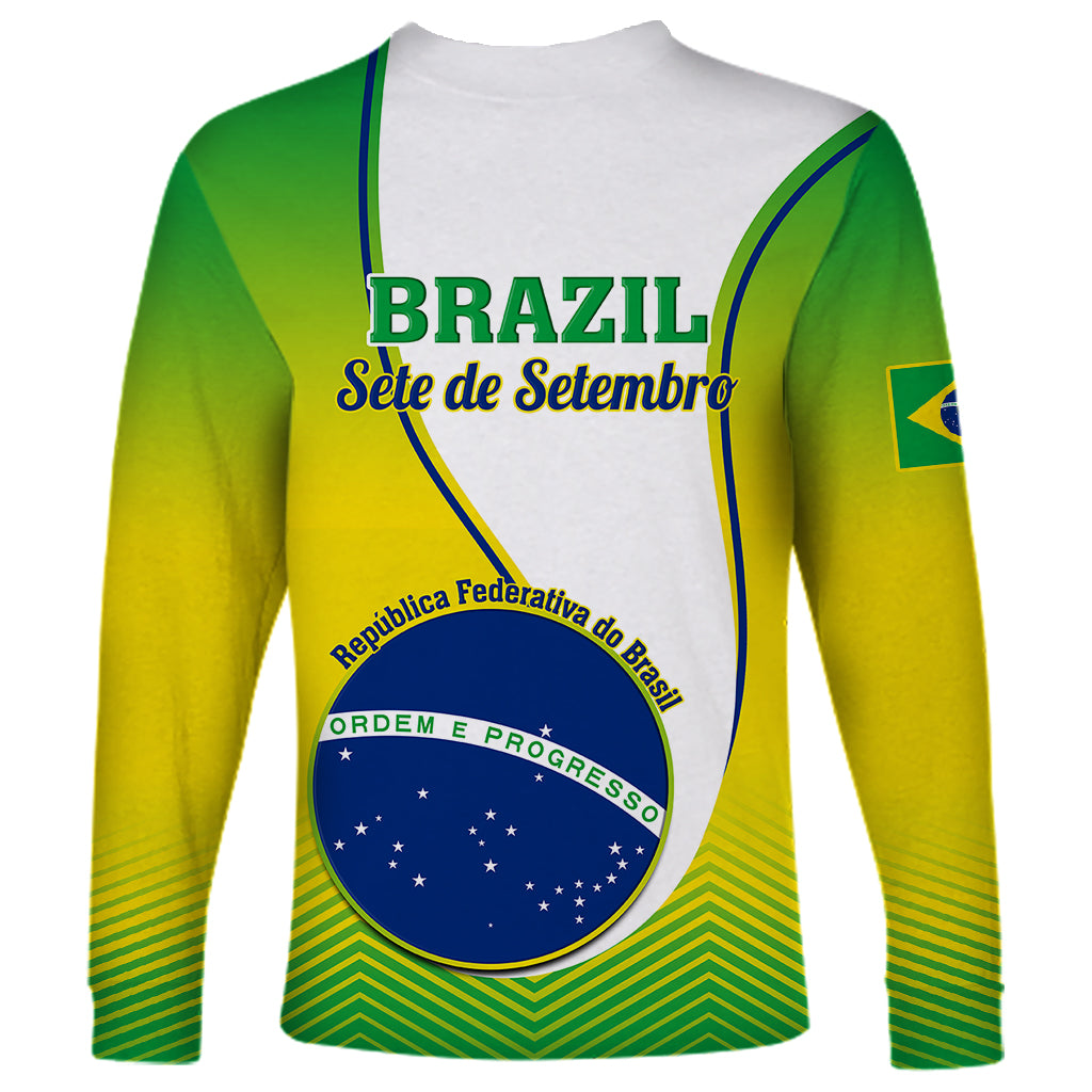 Unisex long sleeve graphic shirt with Sete de Setembro print, Brazil crest, green/yellow sleeves