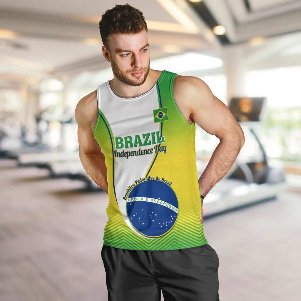 Men's Brazil Independence Day tank top on model, green and yellow graphic print