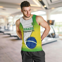 Men's Brazil Independence Day tank top on model, green and yellow graphic print