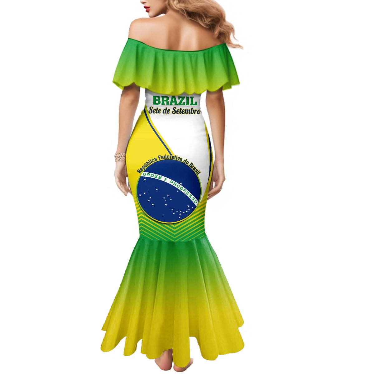 Women’s off-shoulder mermaid dress with Brazil graphic, green-to-yellow gradient, back