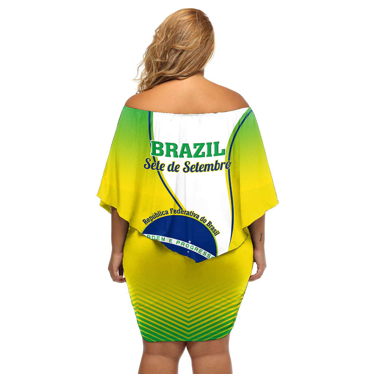 Women’s off-shoulder short dress, green and yellow graphic back with Brazil text and crest