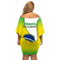 Women’s off-shoulder short dress, green and yellow graphic back with Brazil text and crest