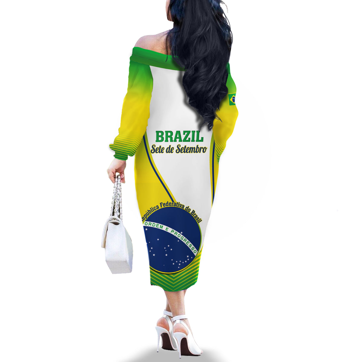 Off-shoulder long-sleeve dress, back view with Brazil Independence Day print, green/yellow