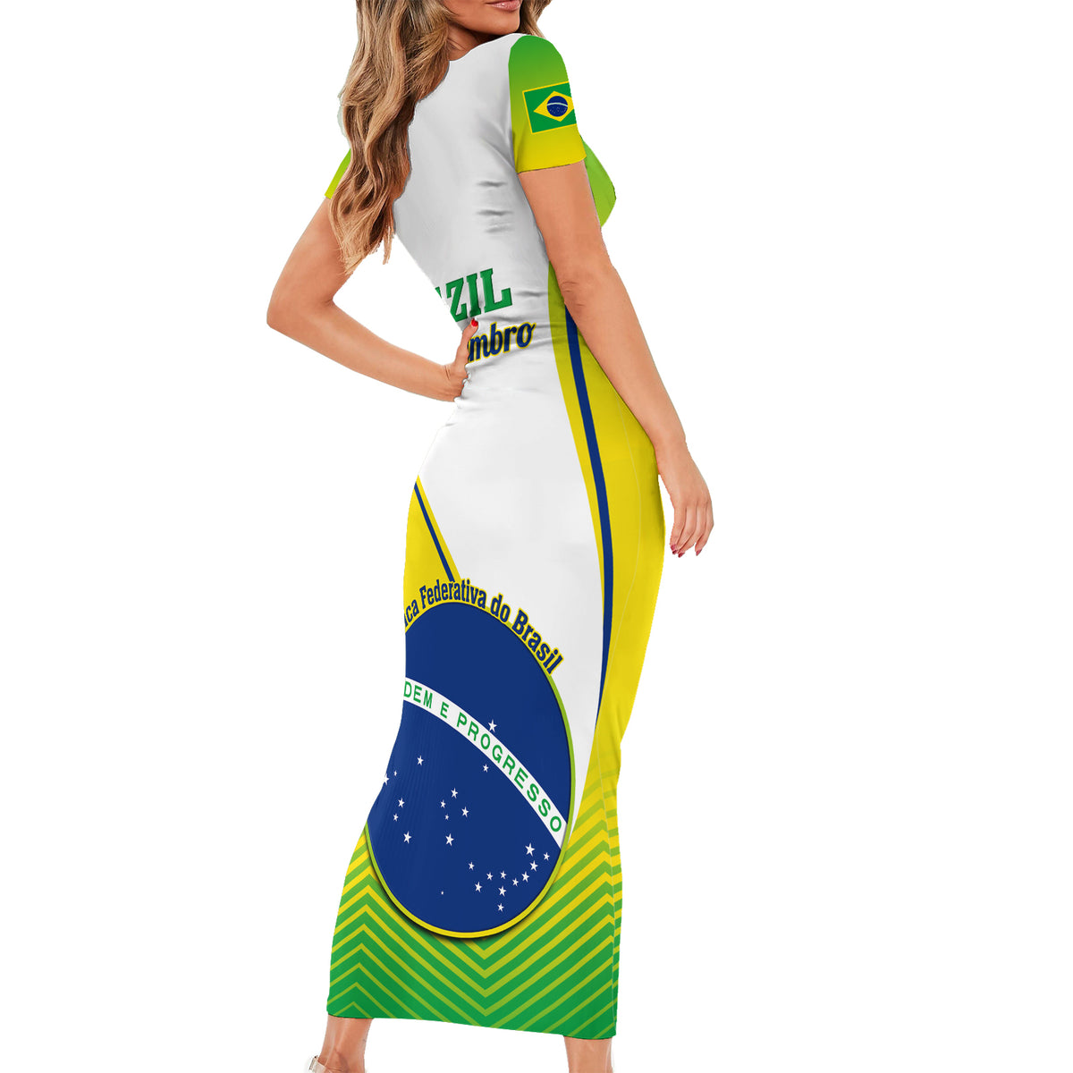 Bodycon long dress, short sleeves, white with green sides and Brazil flag badge graphic