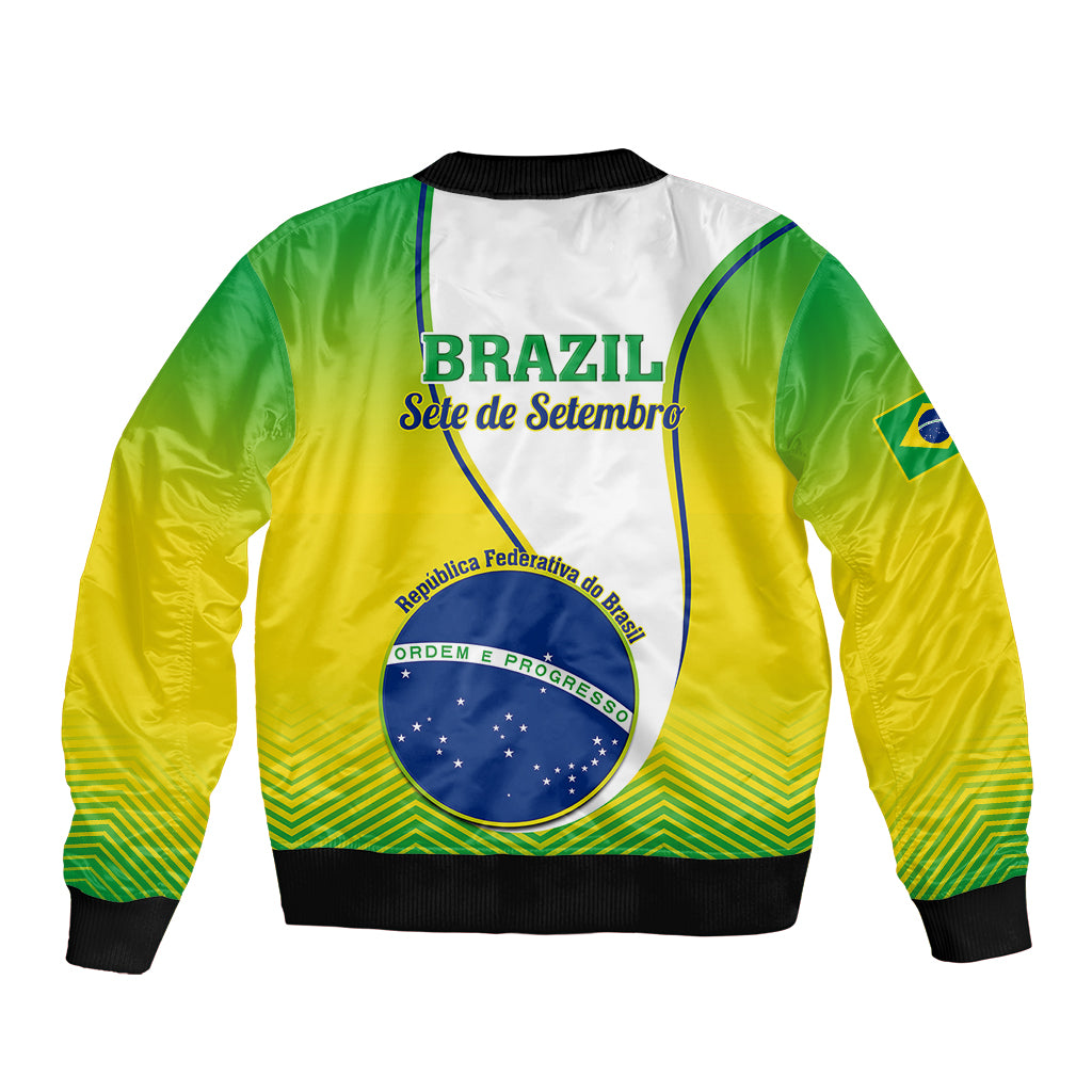 Unisex bomber jacket with zip front, Brazil text and emblem graphic, green/yellow.