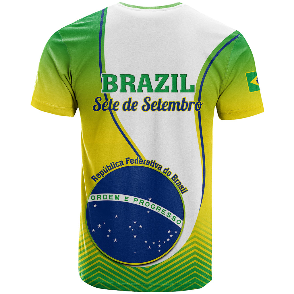 Green and yellow independence day T-shirt back print with Brazil text and blue circular emblem