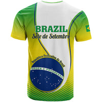 Green and yellow independence day T-shirt back print with Brazil text and blue circular emblem
