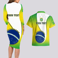 Couples matching set back view: green/yellow Brazil graphic bodycon long-sleeve dress & shirt
