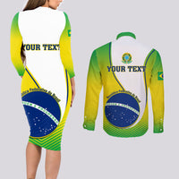 Matching long-sleeve set with Brazil graphic, back view of dress and button shirt in green/yellow