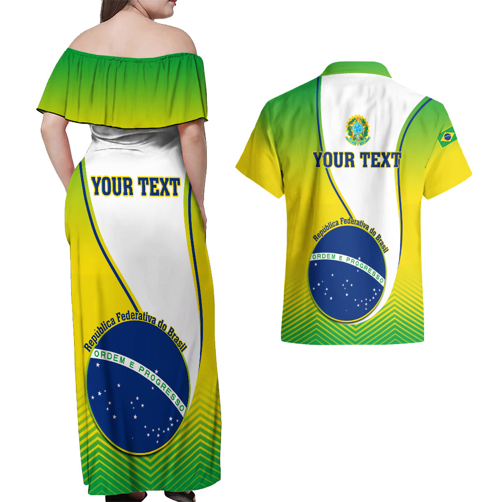 Back view: green off-shoulder maxi dress and green Hawaiian shirt with Brazil Independence Day print