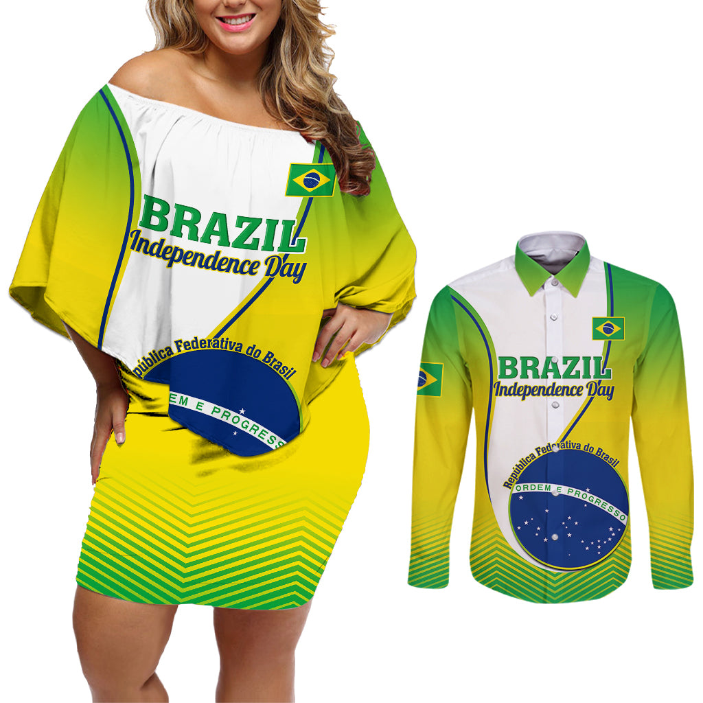 Custom Brazil Couples Matching Off Shoulder Short Dress and Long Sleeve Button Shirts Sete de Setembro Happy Independence Day - Wonder Print Shop